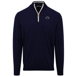 navy 1/4 zip cotton cashmere sweater with embroidered Penn State Athletic Logo